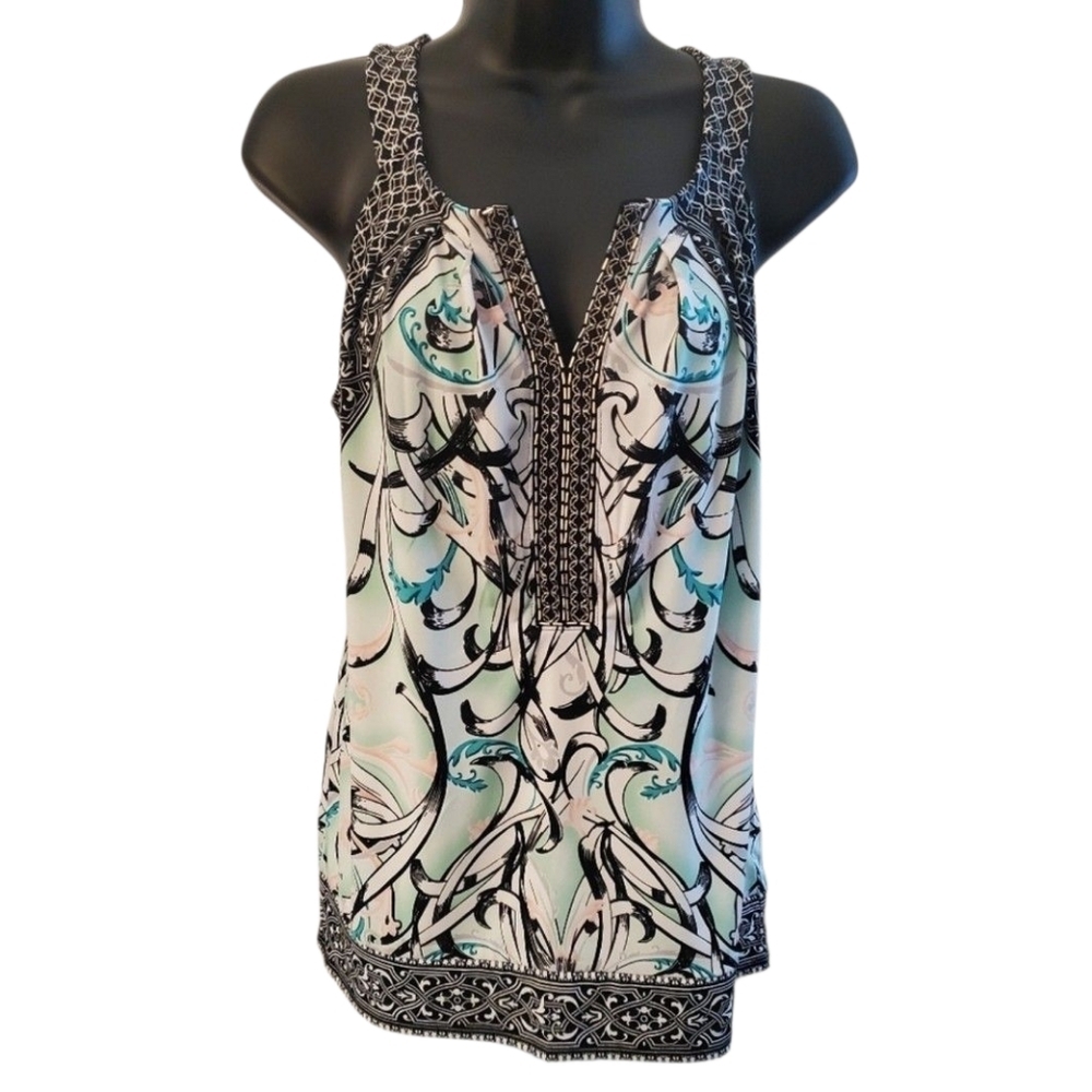 White House Black Market  Embellished Halter Tank Top Black White Mint Size S